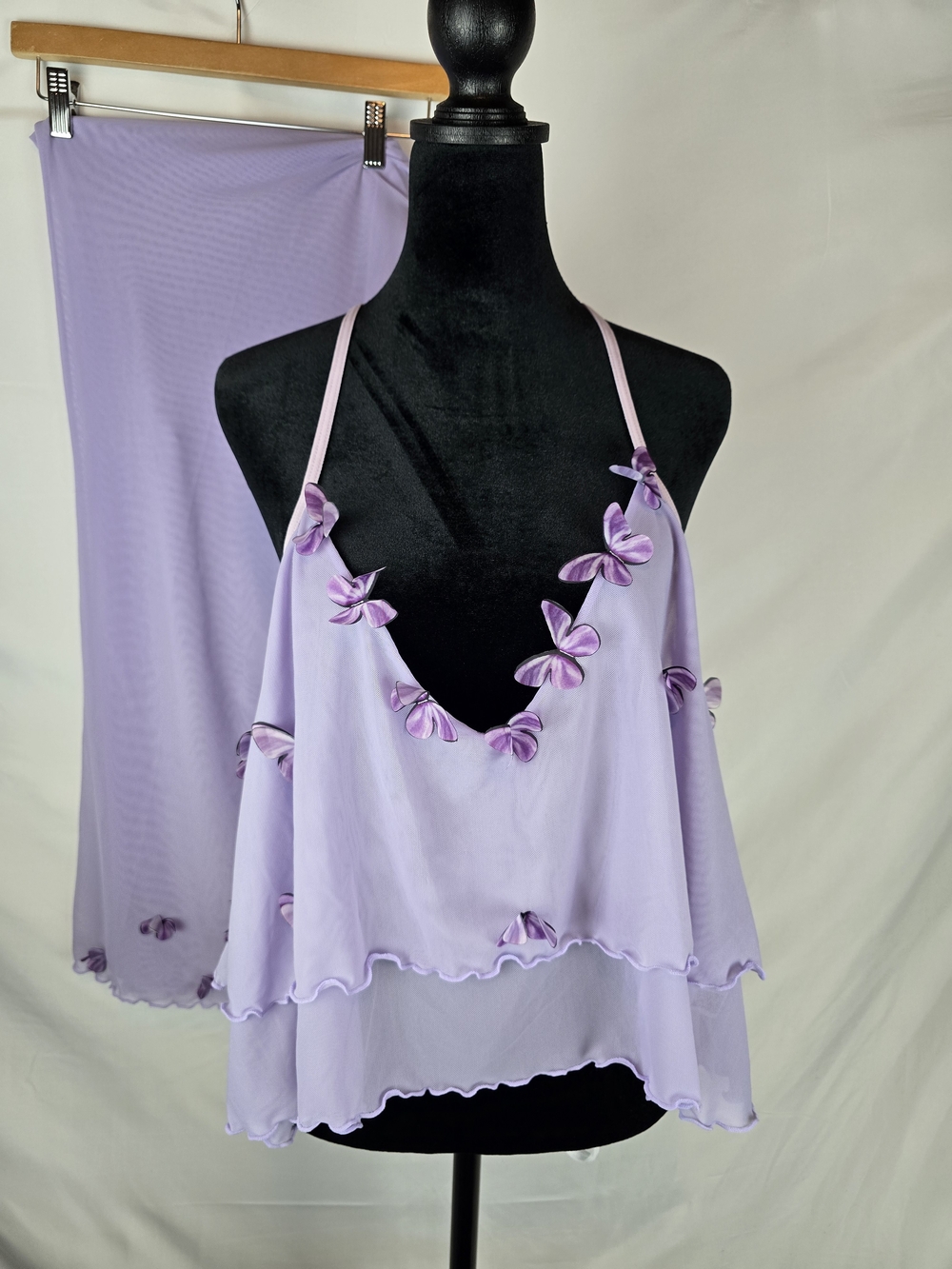 SHEIN Lavender Butterfly Trim Two-Piece Pajama Set